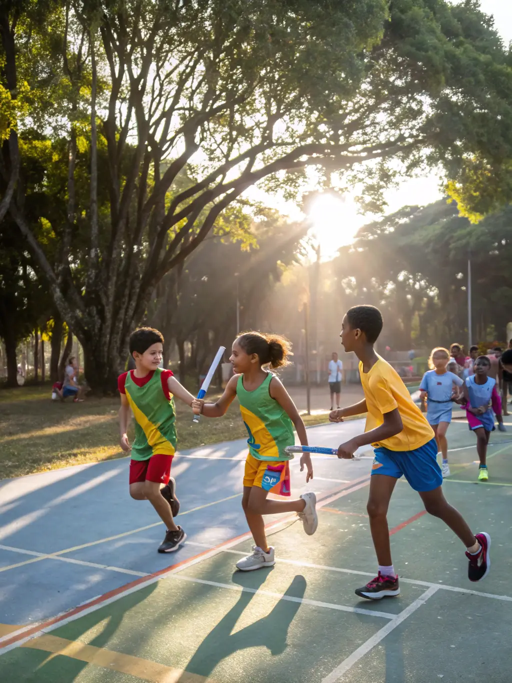 A group of young children participating in a relay race outdoors, wearing colorful sports bibs and smiling, with a focus on teamwork and physical activity, representing the association's sports programs.