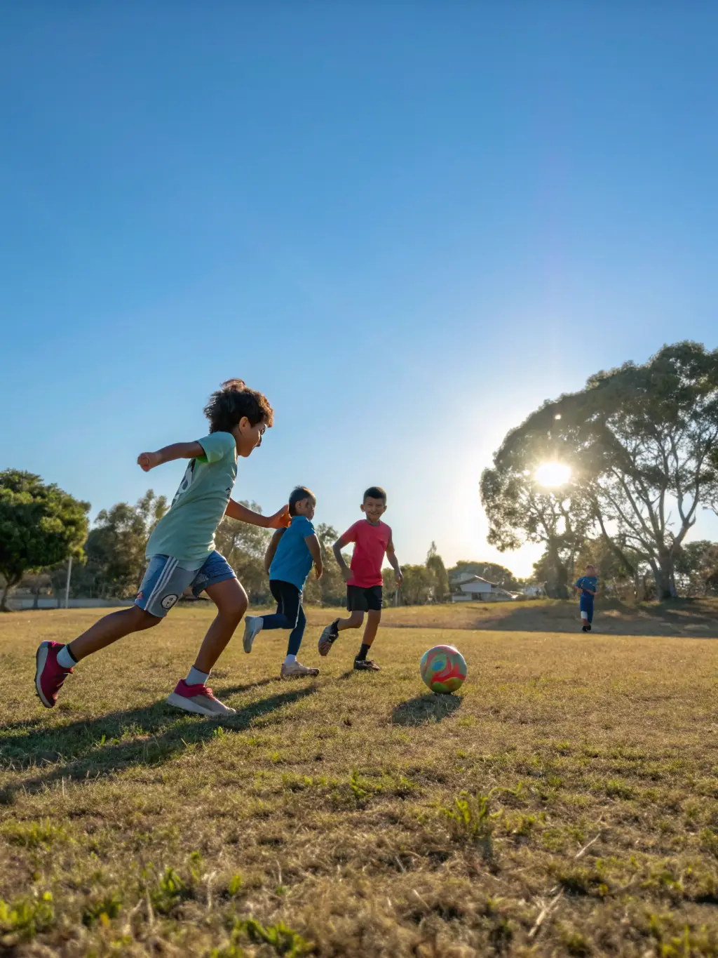A vibrant image of children playing soccer and running in a sunny outdoor setting, smiling and engaging with their peers.