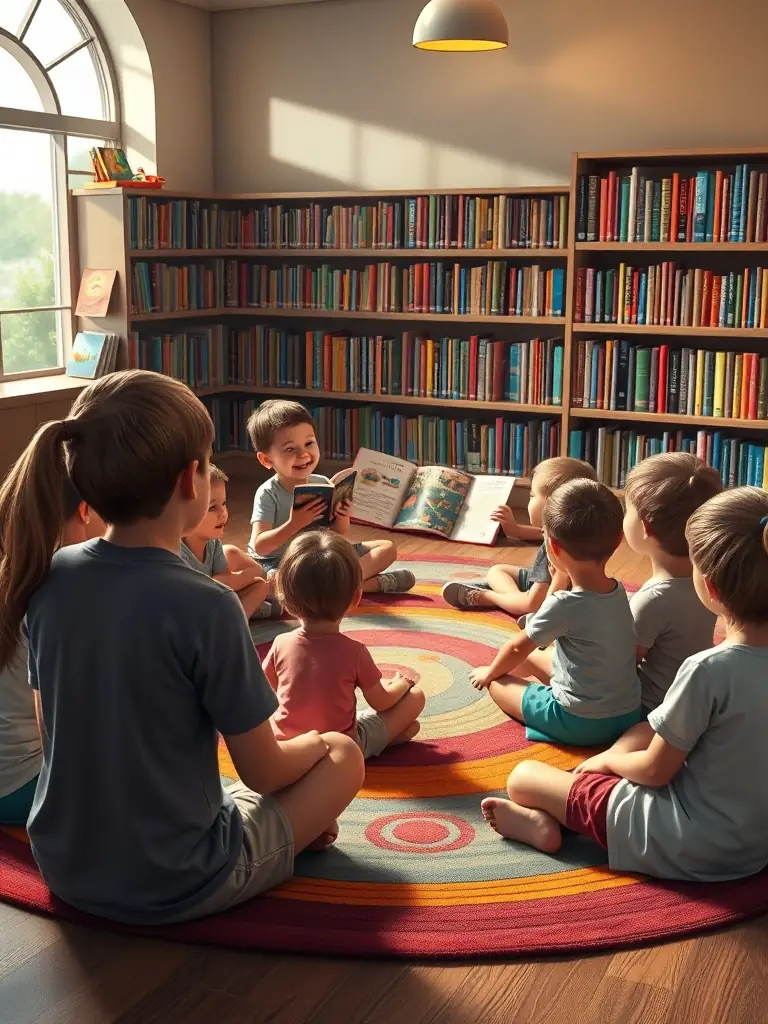 Children participating in a storytelling session, listening attentively to a storyteller with puppets, in a cozy and inviting library setting, representing the association's cultural programs.