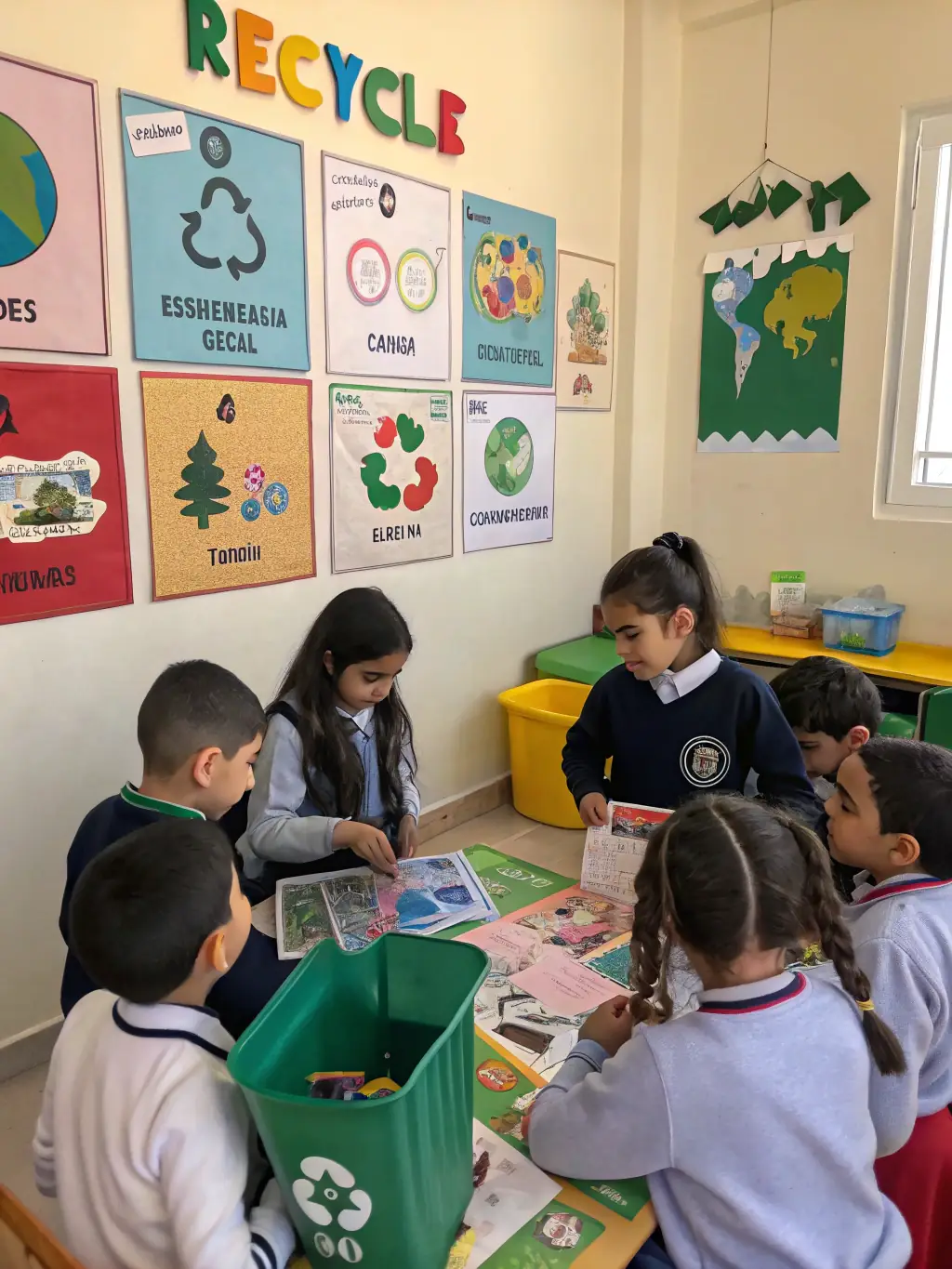 Children creating art projects with recycled materials, showcasing creativity and environmental awareness, in a bright and engaging classroom setting, representing the association's cultural activities.