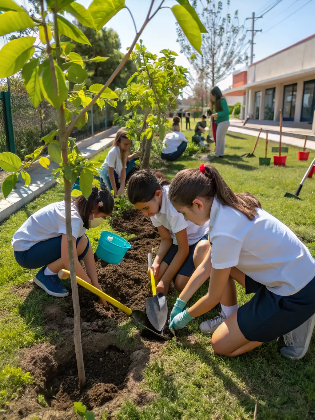 Image of children planting trees in a garden, learning about nature and environmental responsibility.