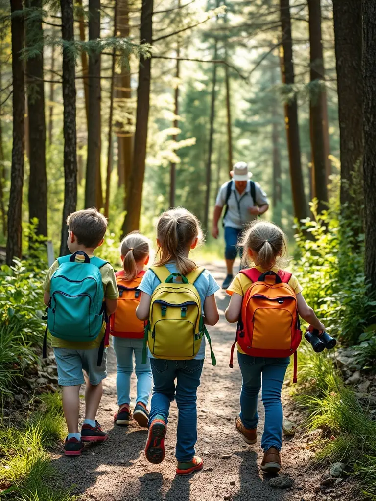 A group of children on a nature walk, exploring a forest, using magnifying glasses to examine plants and insects, with an emphasis on environmental education and discovery, representing the association's discovery activities.