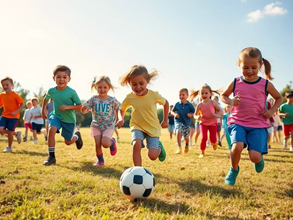 A vibrant image of children playing soccer and running in a sunny outdoor setting, smiling and engaging with their peers, representing the Early Childhood Sports Programs.