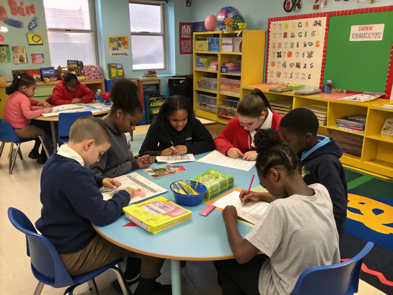 A group of diverse children happily interacting and learning together in a classroom setting, showcasing the inclusive environment of ASSOCIATION USEP DE L'ECOLE MATERNELLE DE LA GARAYE.